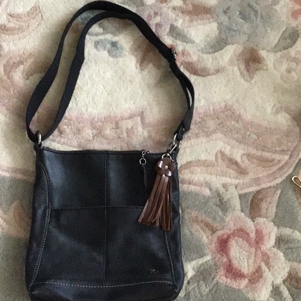Black and Brown Leather Crossbody Bag with Tassel Accent